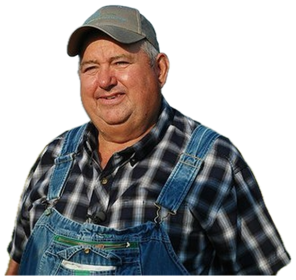 Farmer in overalls and a cap standing in a cornfield with a content, knowing smile sticker