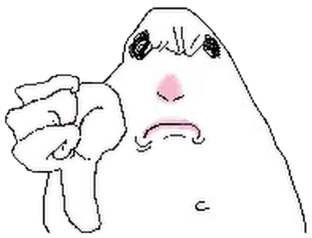 Crudely drawn blob giving a thumbs-down with a disappointed frown sticker