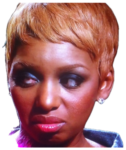 Woman with a short blonde pixie cut cutting a weary, unimpressed side-eye sticker