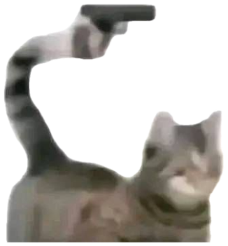Grey tabby cat standing upright holding a gun overhead in the iconic 'cat with a gun' pose sticker