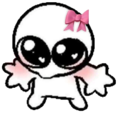 Blushing big-eyed doodle creature with a pink bow, staring blankly sticker