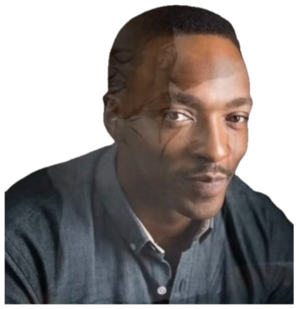 Anthony Mackie looking calm and reflective with a ghost image layered behind him sticker