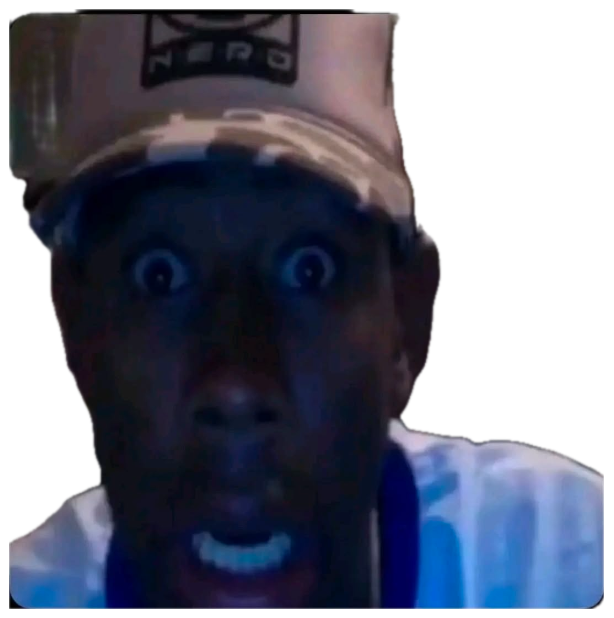 Man in a cap staring into the camera with enormous white-lit wide eyes and mouth agape sticker