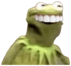 Kermit the Frog grinning with an unsettlingly wide smile and mischievous look sticker