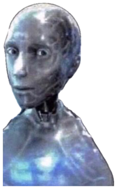 Silver movie robot turning to the camera with a wide, startled stare among a crowd of robots sticker