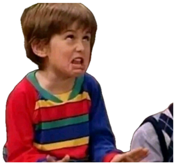 Kid in a rainbow-striped shirt baring his teeth in a disgusted, cringing grimace sticker