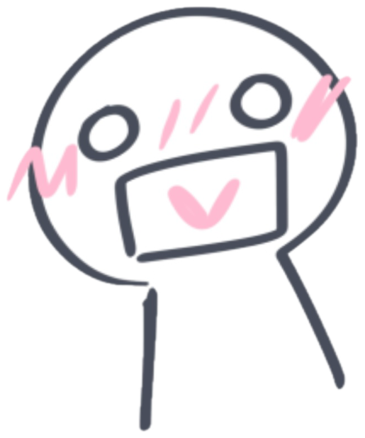 Simple stick-figure character with a big smile and flushed cheeks saying 'what!' sticker