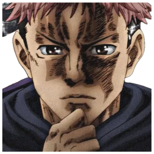 A pink-haired anime character with a bruised face touching his chin, deep in thought sticker