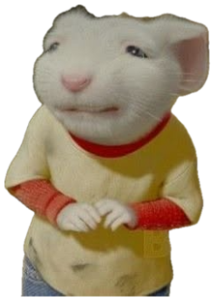 Stuart Little-style CGI mouse in a yellow sweater with a nervous little smile sticker
