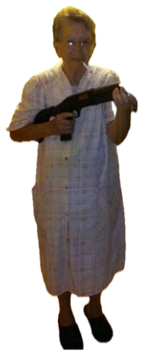 Elderly woman in a housedress standing in her kitchen holding a shotgun with total calm sticker