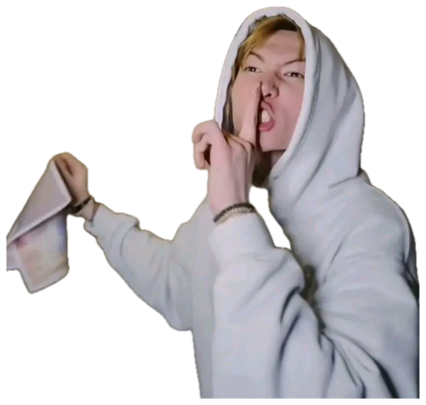 Person in a white hoodie pointing at their nose intensely with an open-mouth expression sticker