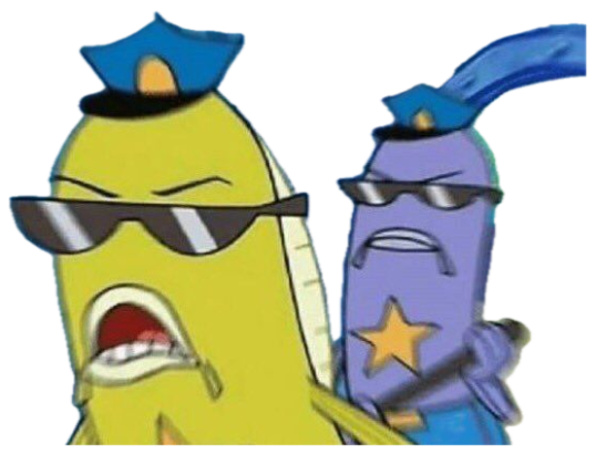 SpongeBob police fish with shades open-mouthed and strutting next to a grumpy purple cop sticker