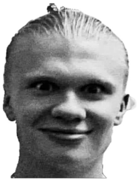 Grainy black-and-white Erling Haaland at a Premier League backdrop wearing a smug little smile sticker