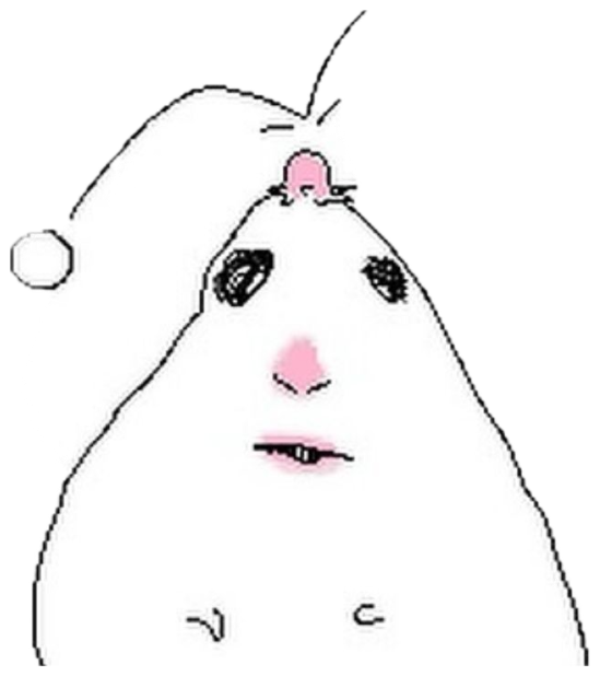 Doodle blob creature with swirly dark eyes and a tiny embarrassed blush sticker