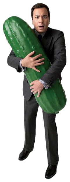 Man in a suit clutching an enormous pickle with a bewildered expression sticker