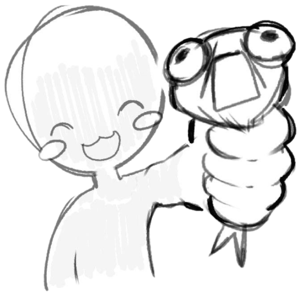 Chibi character happily holding up a cartoon grub with sparkling eyes sticker