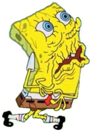 SpongeBob looking disheveled and panicked, running outside in a frenzy sticker