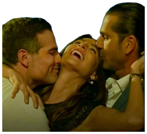 Woman laughing joyfully while being kissed on both cheeks by two men sticker