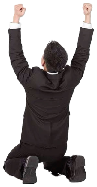 Man in a black suit kneeling with both fists raised in a triumphant victory pose sticker