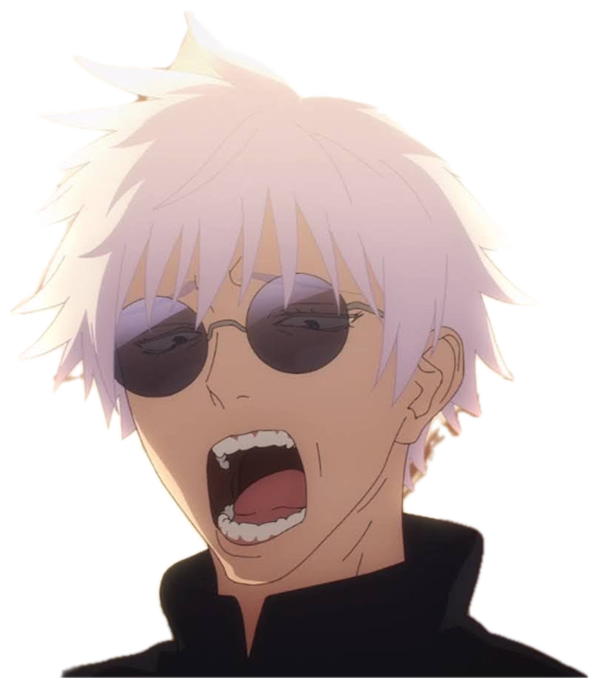 White-haired anime guy in round sunglasses yelling with his mouth wide open at sunset sticker