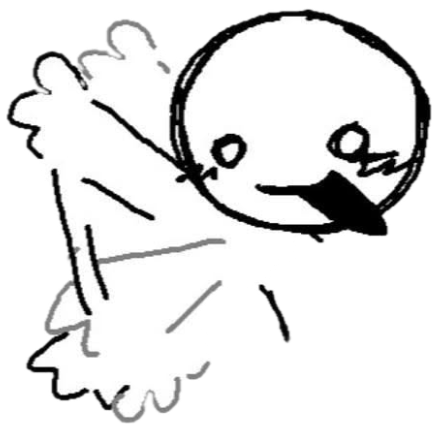 Sketched cartoon bird flailing with keyboard-smash gibberish text overhead sticker