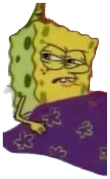 SpongeBob tucked into bed with a heavy-lidded, deeply smug side-eye sticker