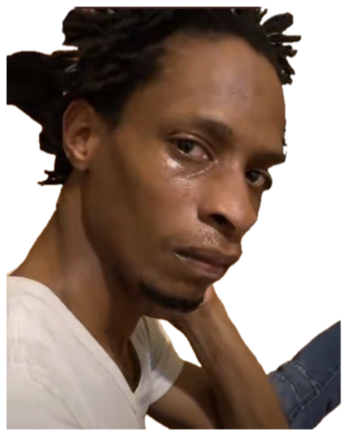 Man resting his chin on his hand with teary eyes, looking heartbroken and defeated sticker