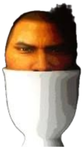 Man's scowling face inside a white egg cup captioned 'crack me' with a red heart sticker