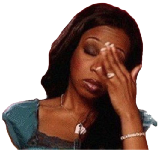 Woman in a teal top pressing her hand to her face with her eyes closed in exhaustion sticker