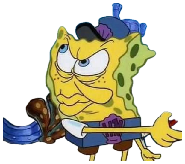 SpongeBob squinting suspiciously next to a 'WANTED MANIAC' poster of himself sticker