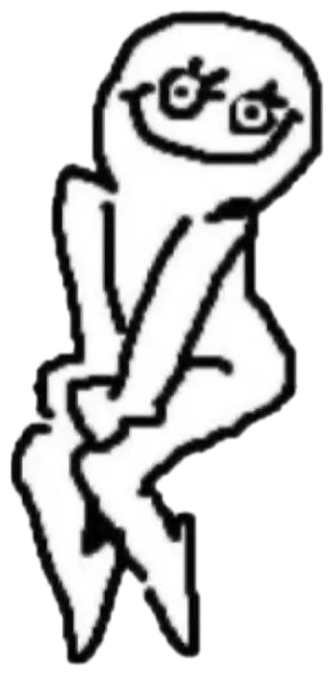 Crude stick-figure doodle perched on a line with a shy, awkward little smile sticker