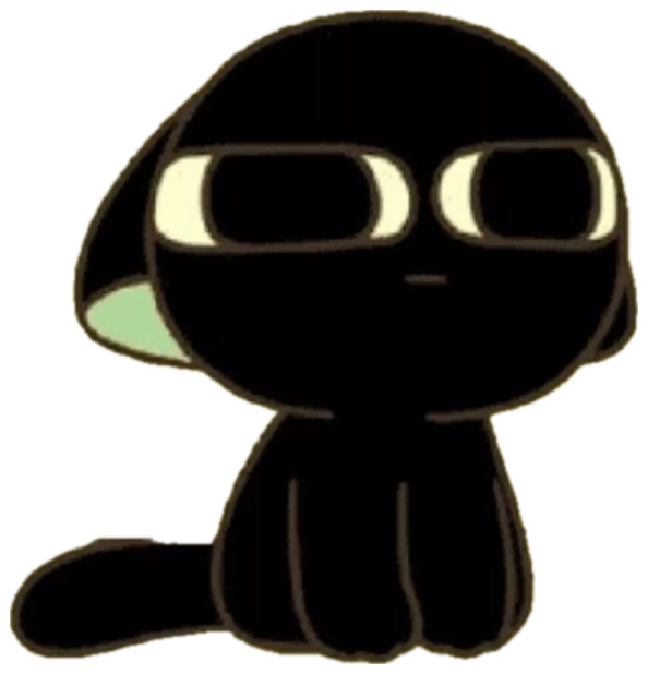 Little black cartoon cat sitting up front with a wide-eyed blank stare sticker