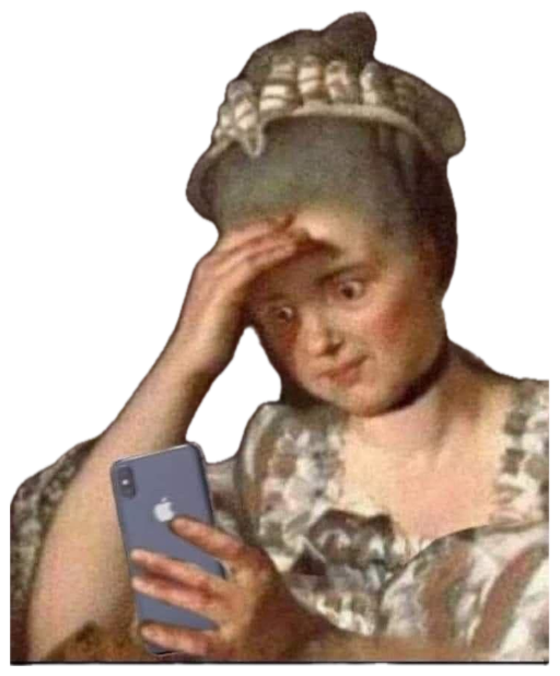 Old painting of a woman facepalming in shock while staring at a modern iPhone sticker