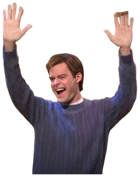 Man in a blue sweater bursting through a glass door with arms raised and a huge grin sticker
