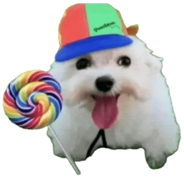 Fluffy white pup in a colorful cap posing in the grass with a rainbow lollipop sticker