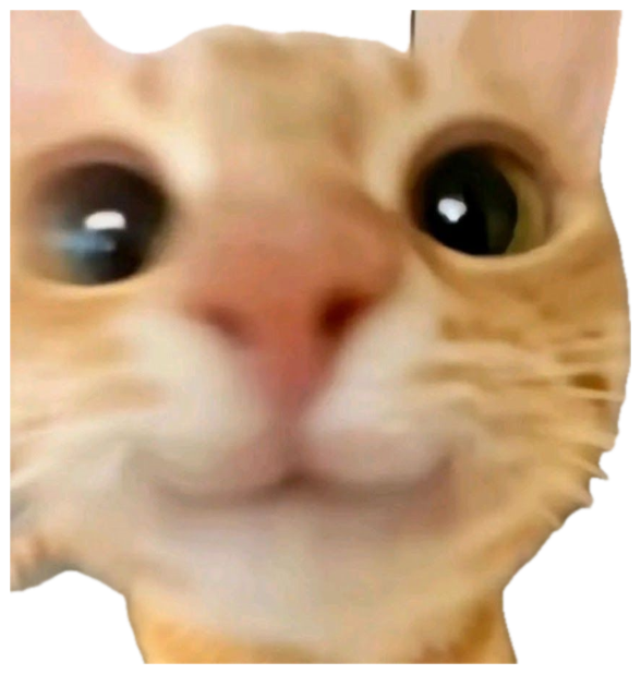 Extreme close-up of an orange cat with huge glossy eyes and a tiny smile sticker