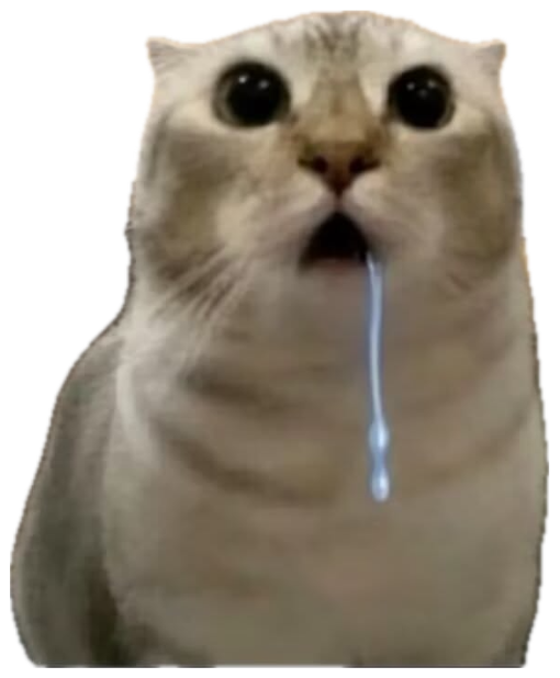 Wide-eyed office cat frozen at a desk with a long string of drool sticker