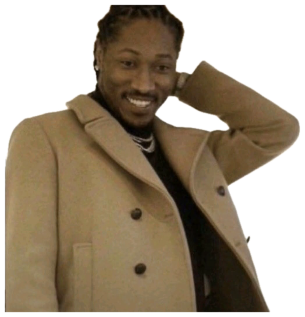 Man in a tan coat smiling smoothly with a hand behind his head, posing confidently sticker