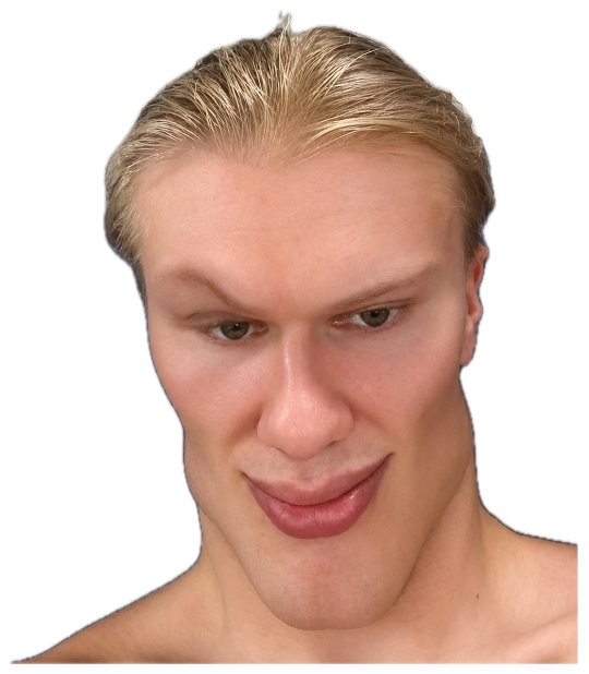Blond athlete's shirtless selfie leaning back with a smug little smirk sticker