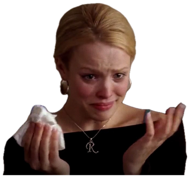 Blonde woman in black dress sobbing with a tissue and painted nails, utterly falling apart sticker