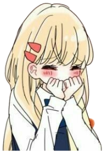 Blonde anime girl blushing behind both hands with hearts floating around her sticker