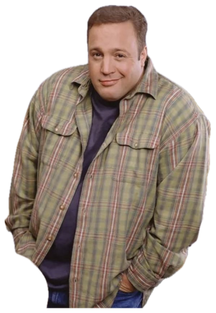 Man in a plaid shirt leaning against a kitchen counter with a small awkward smirk sticker
