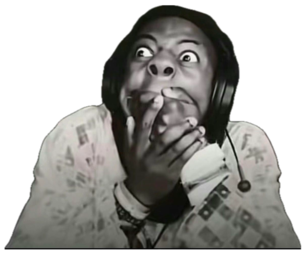 Streamer wearing headphones staring in wide-eyed terror at the screen, hands clasped near their face sticker