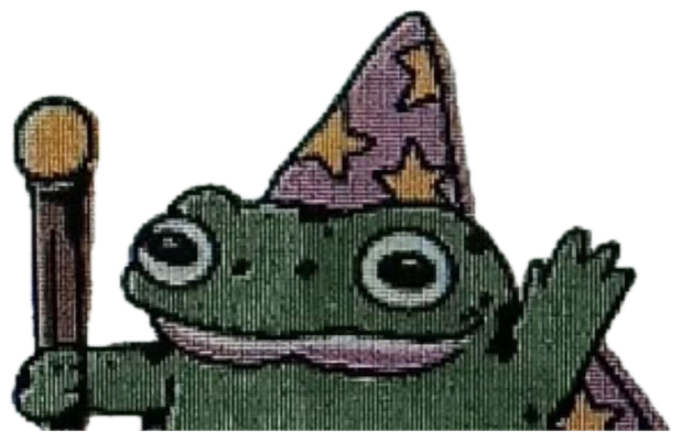 Grinning wizard frog waving a wand: 'Poof! u are now untired and very happy' sticker