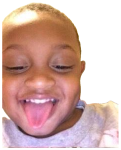 Little kid grinning right up at the camera with their tongue sticking way out sticker