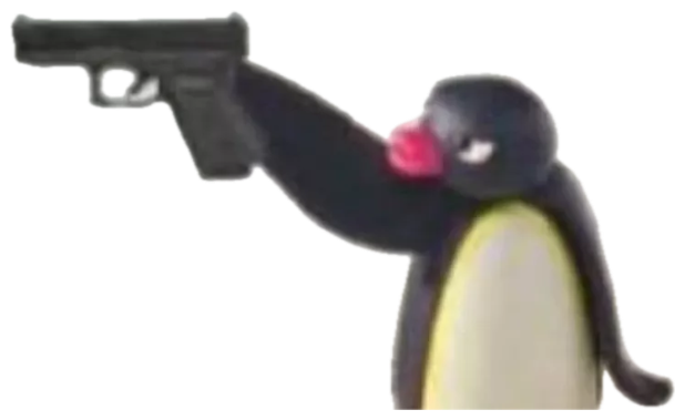 Pingu the penguin aiming a handgun straight at the camera sticker