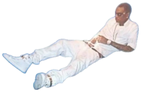 Man in all-white lounging back on the clouds captioned 'i js be chillin fr' sticker