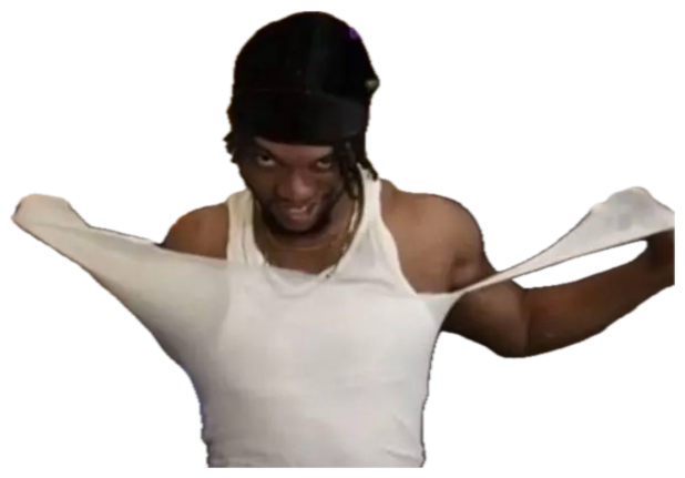 Streamer in a durag stretching his tank top with a wild grin as chat spams him sticker