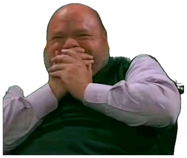 Bald man on a talk show barely holding it together, covering his face with both hands while laughing sticker