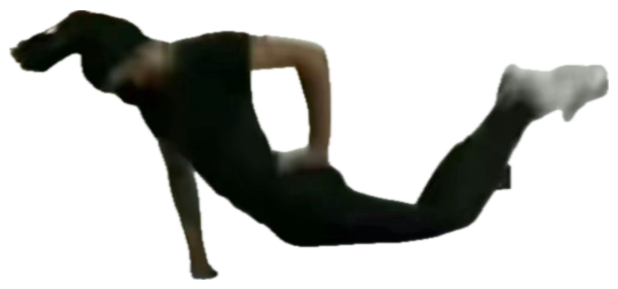 Person in all black flailing mid-air off a mattress at the bottom of a staircase sticker